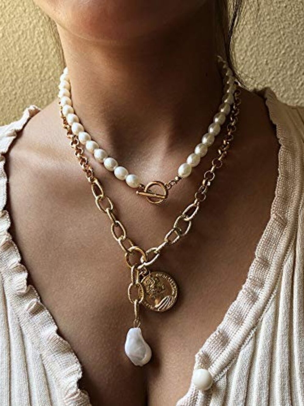 Gold Chunky Chain Necklace Pearl Chain Necklace OT Toggle Clasp Choker Boho